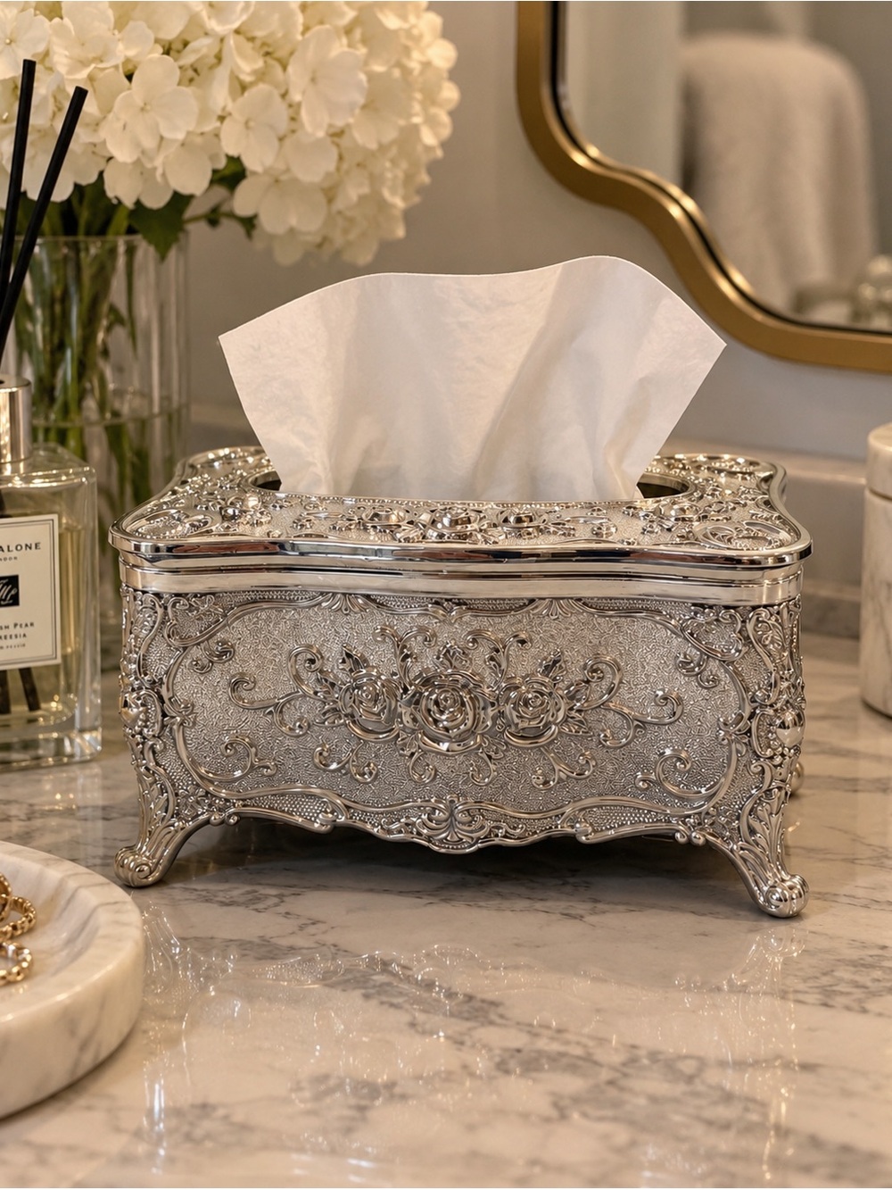 Ornate Silver Tone Rose Floral Tissue Box Cover Victorian Style